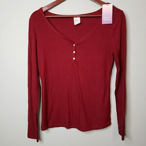 Womens Long Sleeve Pajama Top V-Neck Shirt Lightweight Stretch Thermal Red Sz XS